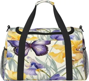 Travel Duffel Bag For Men Women, Purple Irises Flower Butterfly Carry On Sport Gym Bag With Shoulder Strap Lightweight Waterproof Weekender Bag Overnight Bag