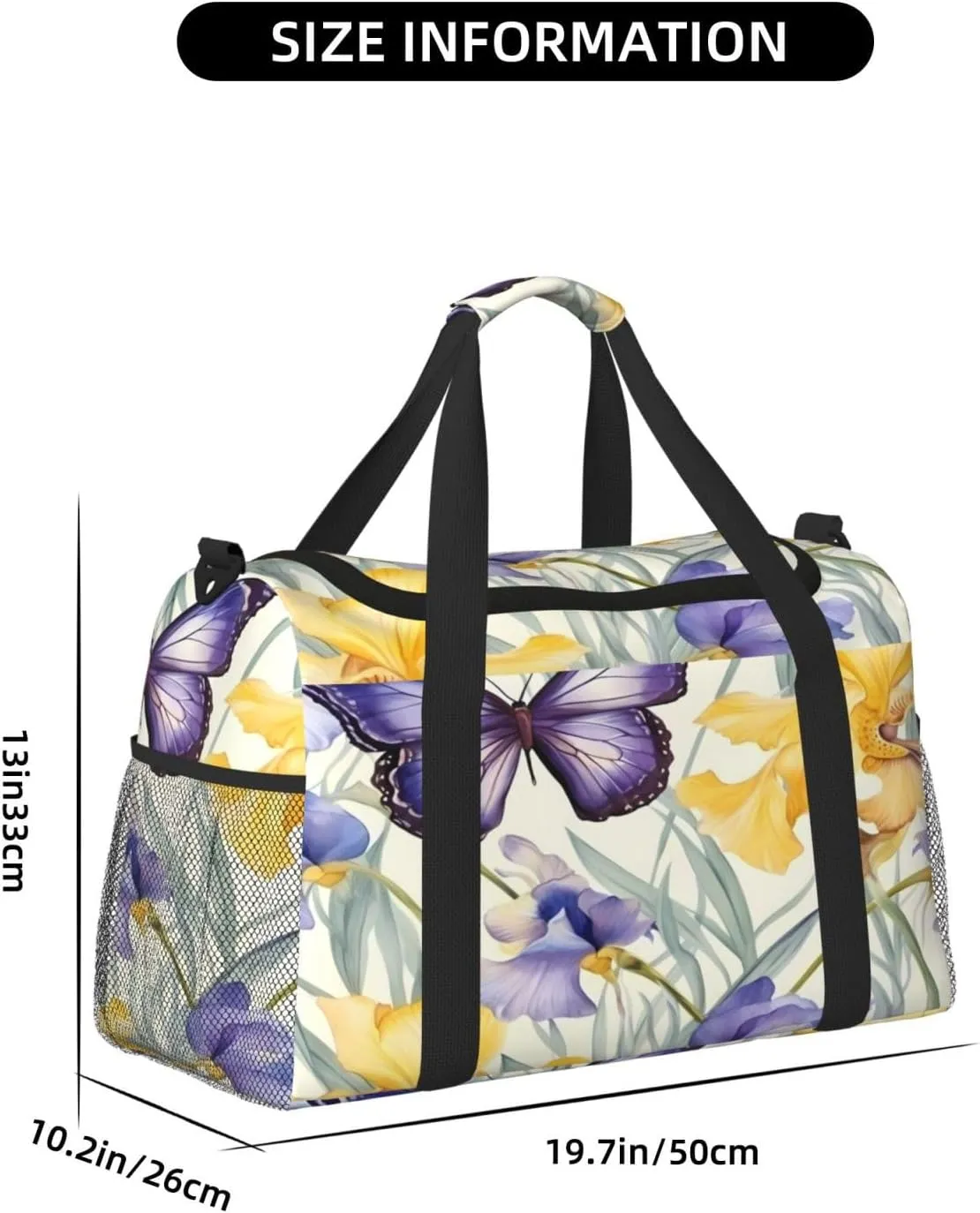 Travel Duffel Bag For Men Women, Purple Irises Flower Butterfly Carry On Sport Gym Bag With Shoulder Strap Lightweight Waterproof Weekender Bag Overnight Bag