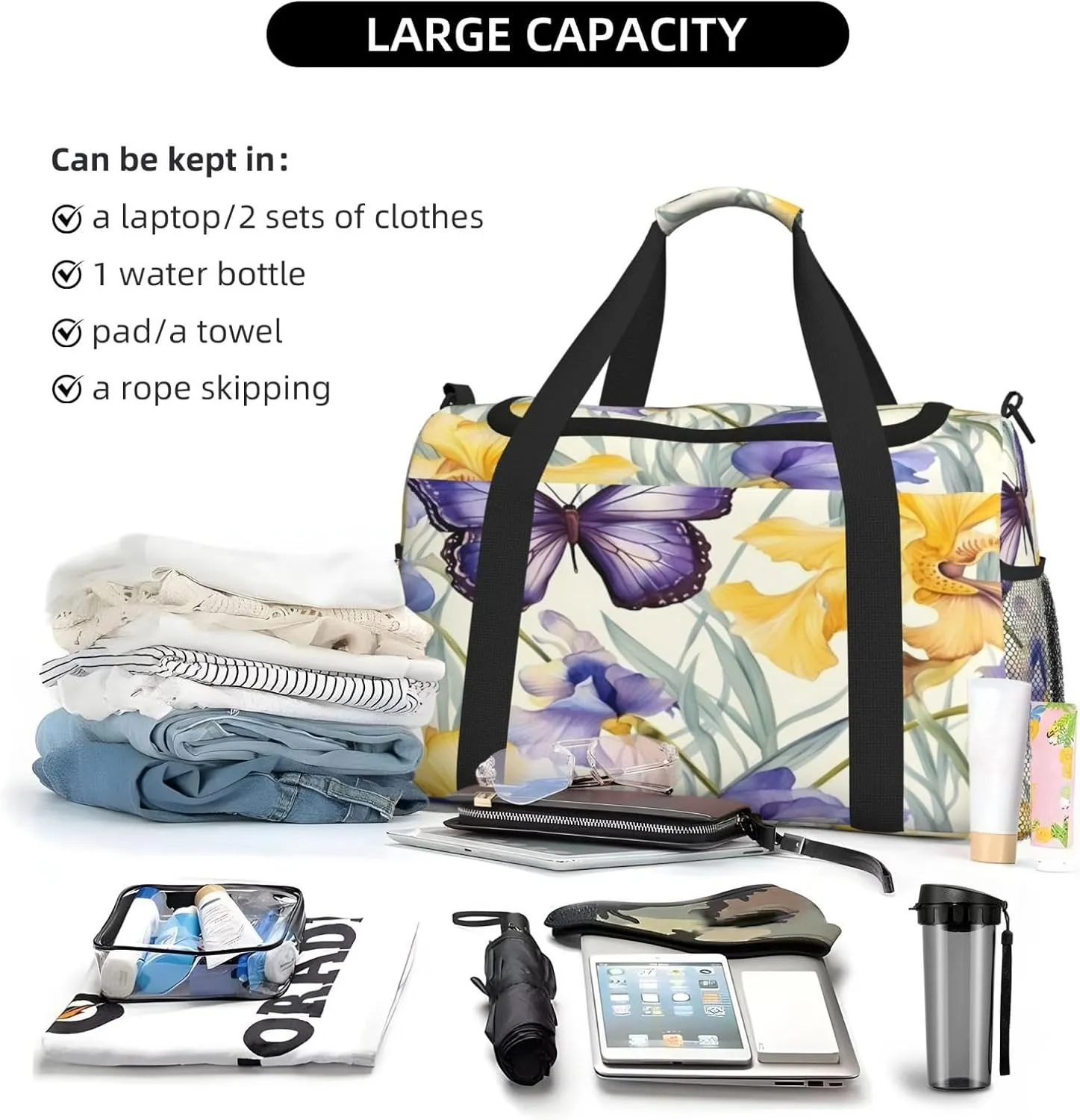 Travel Duffel Bag For Men Women, Purple Irises Flower Butterfly Carry On Sport Gym Bag With Shoulder Strap Lightweight Waterproof Weekender Bag Overnight Bag