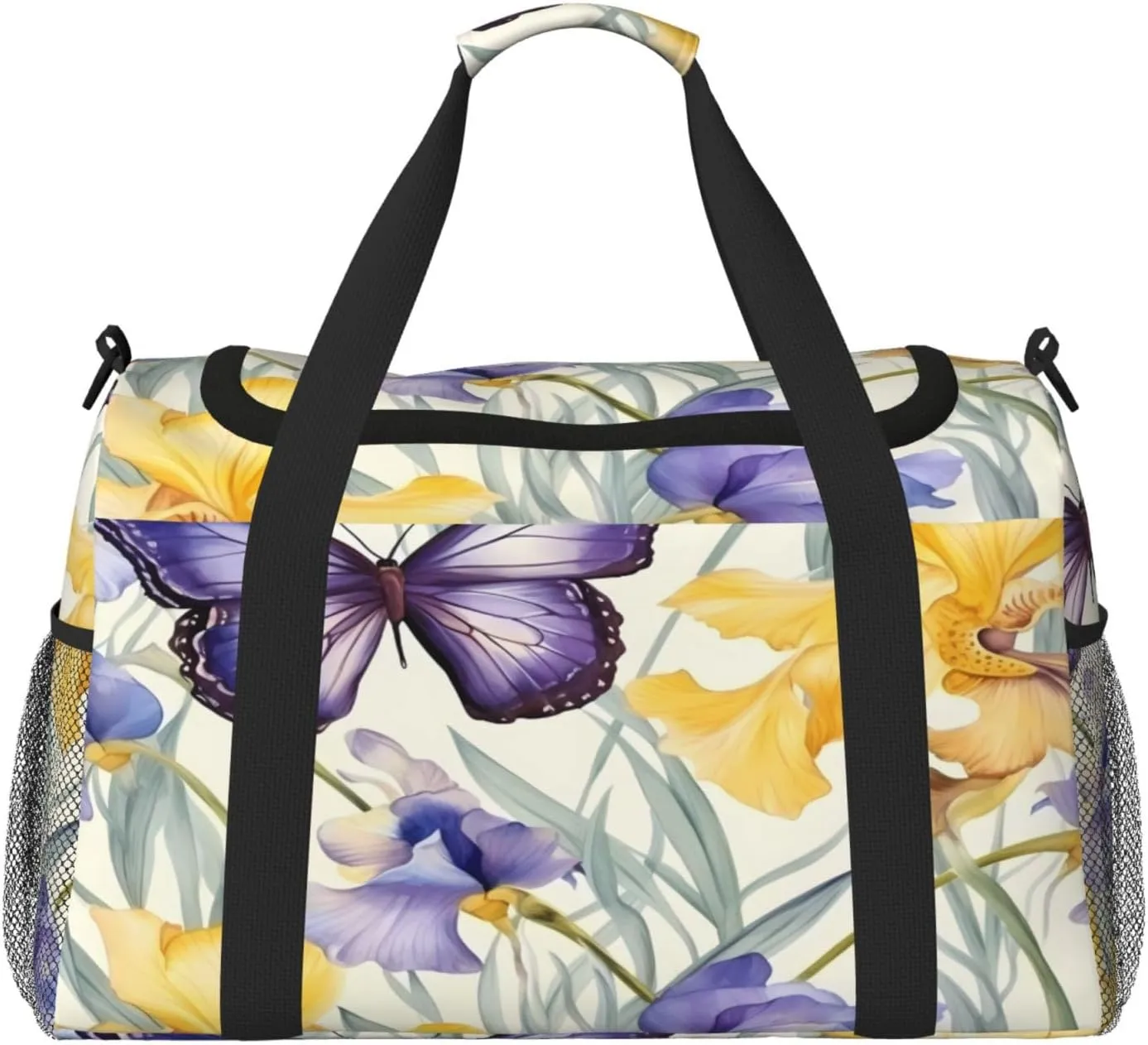 Travel Duffel Bag For Men Women, Purple Irises Flower Butterfly Carry On Sport Gym Bag With Shoulder Strap Lightweight Waterproof Weekender Bag Overnight Bag
