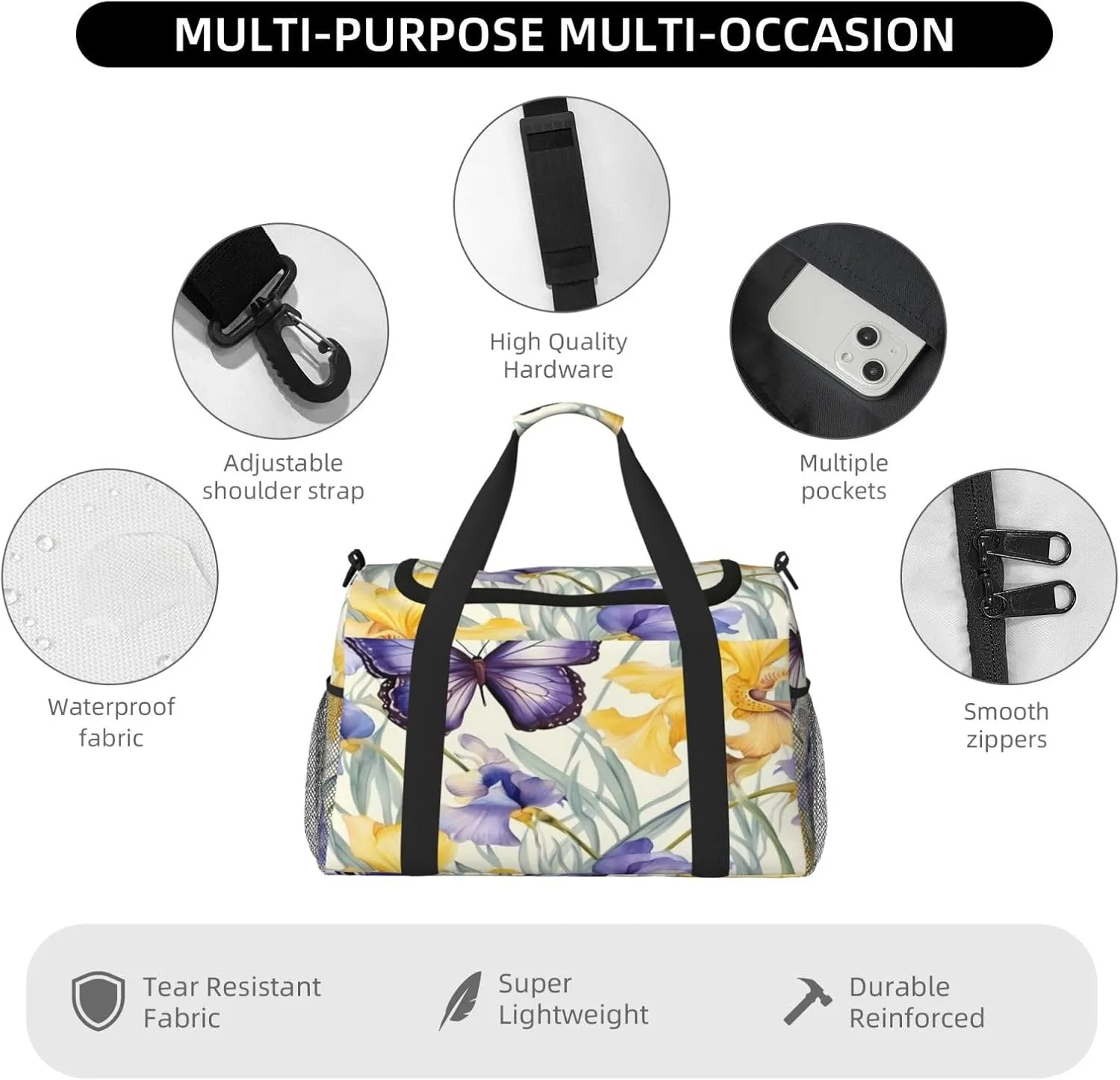 Travel Duffel Bag For Men Women, Purple Irises Flower Butterfly Carry On Sport Gym Bag With Shoulder Strap Lightweight Waterproof Weekender Bag Overnight Bag