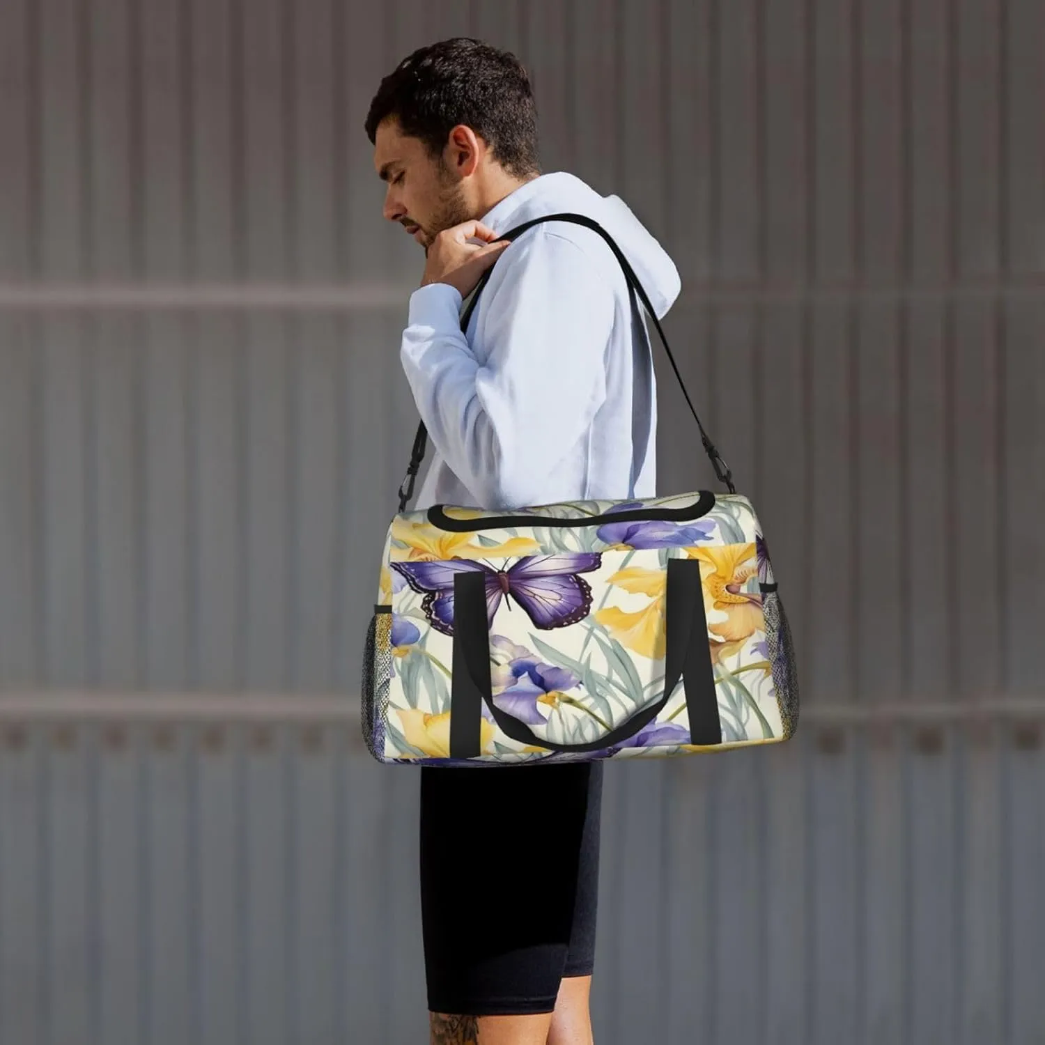 Travel Duffel Bag For Men Women, Purple Irises Flower Butterfly Carry On Sport Gym Bag With Shoulder Strap Lightweight Waterproof Weekender Bag Overnight Bag