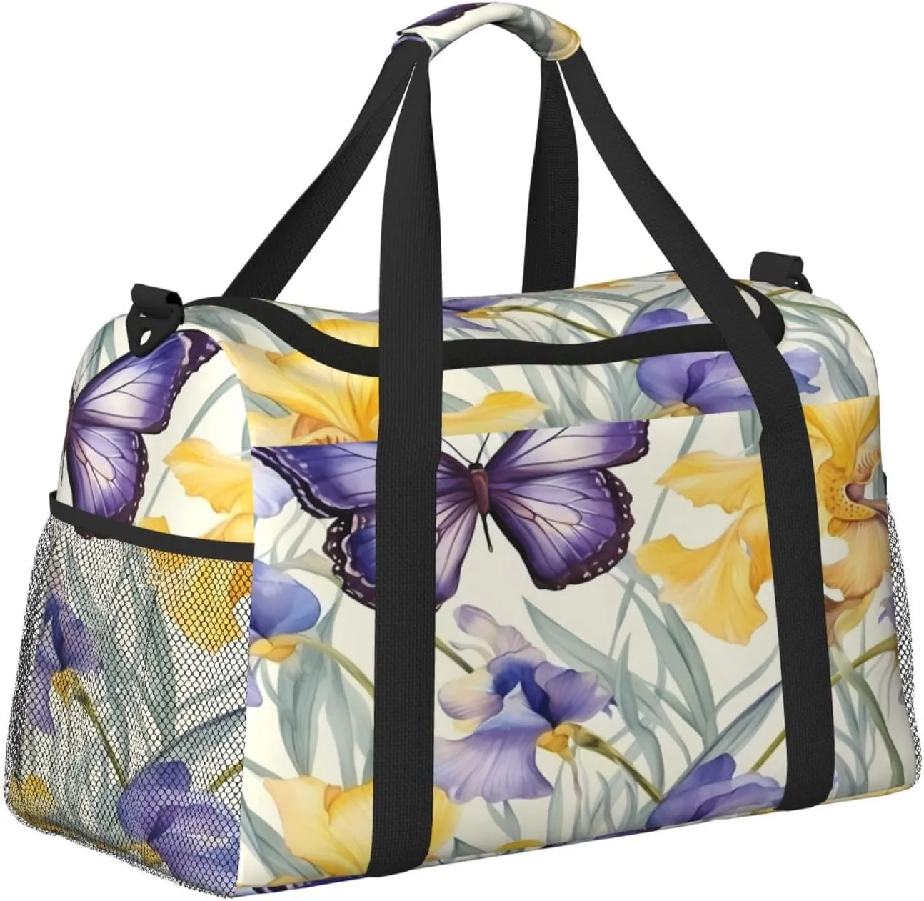 Travel Duffel Bag For Men Women, Purple Irises Flower Butterfly Carry On Sport Gym Bag With Shoulder Strap Lightweight Waterproof Weekender Bag Overnight Bag