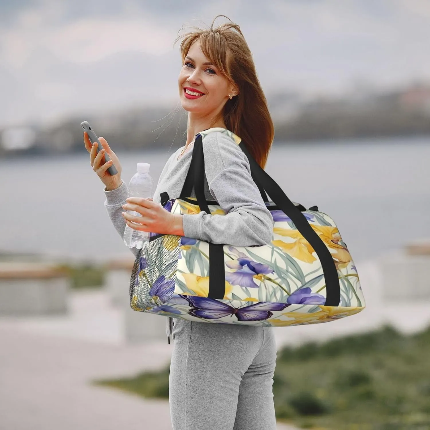 Travel Duffel Bag For Men Women, Purple Irises Flower Butterfly Carry On Sport Gym Bag With Shoulder Strap Lightweight Waterproof Weekender Bag Overnight Bag
