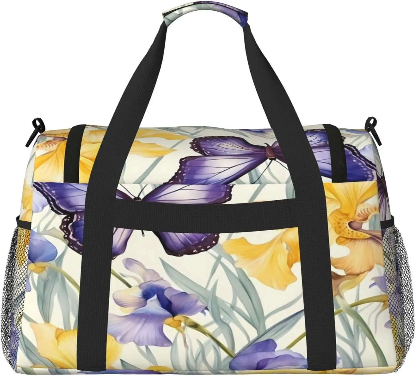 Travel Duffel Bag For Men Women, Purple Irises Flower Butterfly Carry On Sport Gym Bag With Shoulder Strap Lightweight Waterproof Weekender Bag Overnight Bag