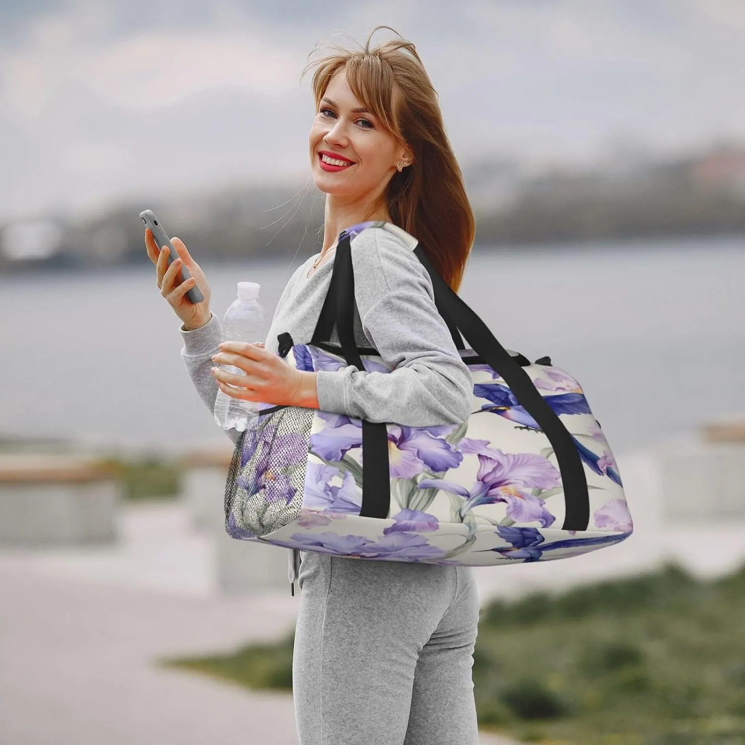 Travel Duffel Bag For Men Women, Purple Irises Flower Hummingbird Carry On Sport Gym Bag With Shoulder Strap Lightweight Waterproof Weekender Bag Overnight Bag