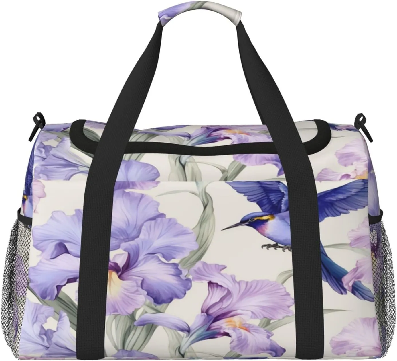 Travel Duffel Bag For Men Women, Purple Irises Flower Hummingbird Carry On Sport Gym Bag With Shoulder Strap Lightweight Waterproof Weekender Bag Overnight Bag