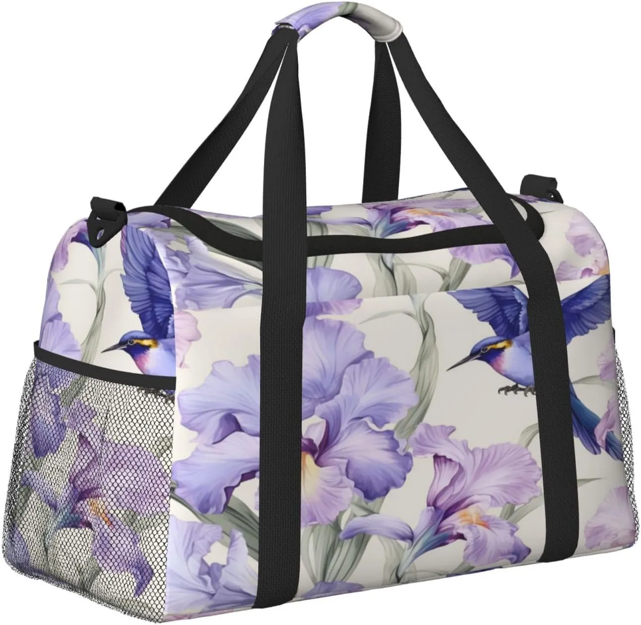 Travel Duffel Bag For Men Women, Purple Irises Flower Hummingbird Carry On Sport Gym Bag With Shoulder Strap Lightweight Waterproof Weekender Bag Overnight Bag