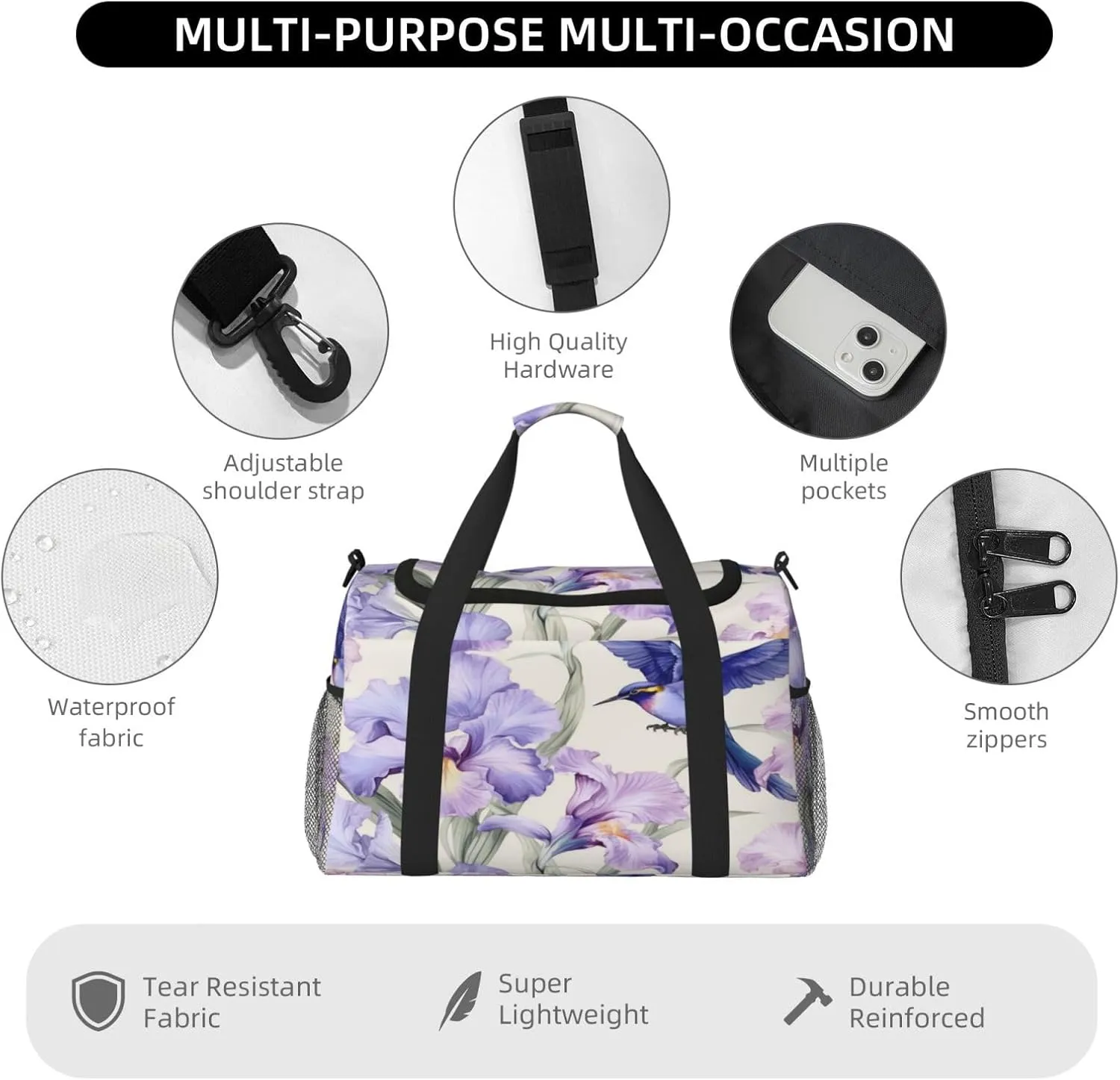 Travel Duffel Bag For Men Women, Purple Irises Flower Hummingbird Carry On Sport Gym Bag With Shoulder Strap Lightweight Waterproof Weekender Bag Overnight Bag