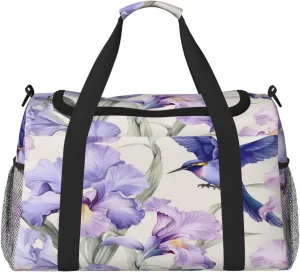 Travel Duffel Bag For Men Women, Purple Irises Flower Hummingbird Carry On Sport Gym Bag With Shoulder Strap Lightweight Waterproof Weekender Bag Overnight Bag