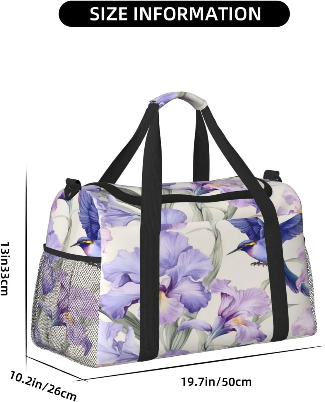 Travel Duffel Bag For Men Women, Purple Irises Flower Hummingbird Carry On Sport Gym Bag With Shoulder Strap Lightweight Waterproof Weekender Bag Overnight Bag