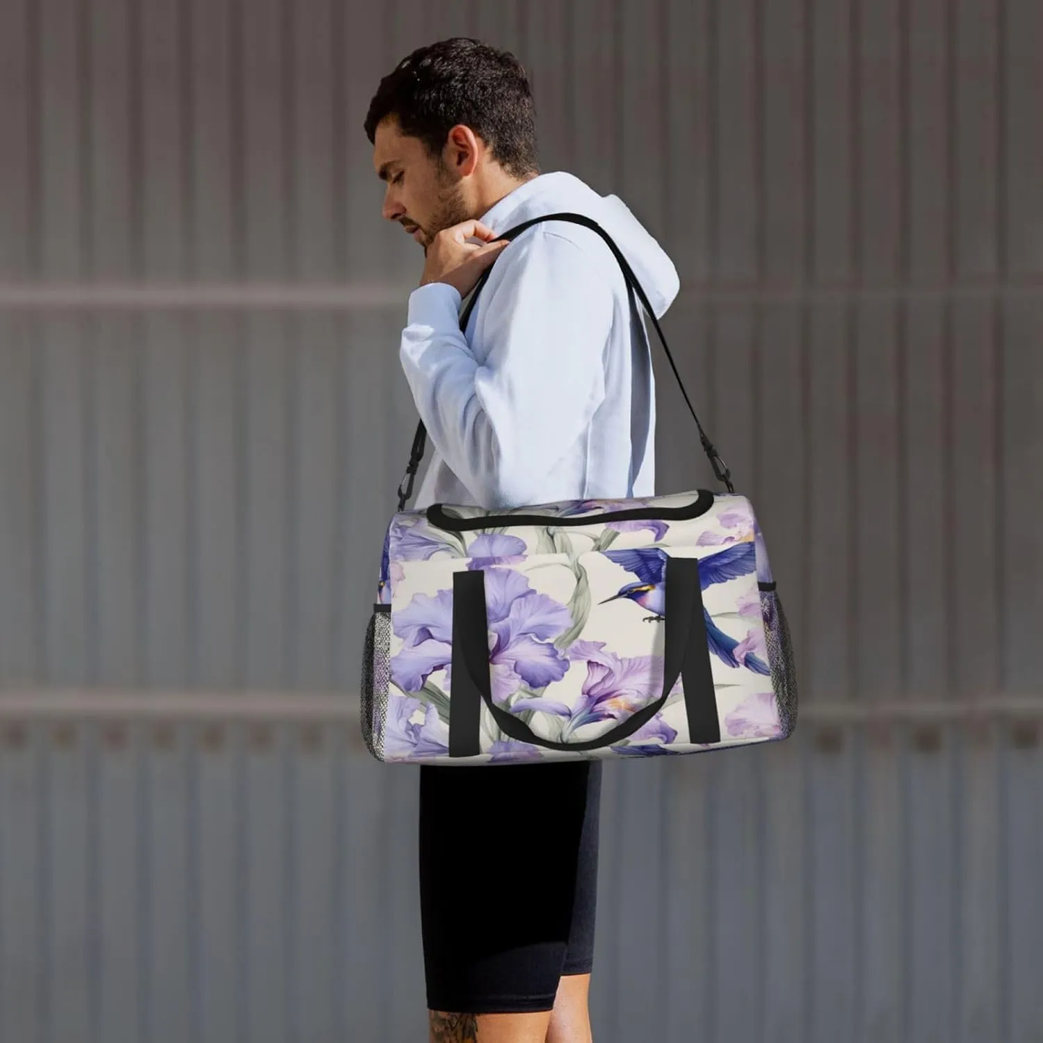 Travel Duffel Bag For Men Women, Purple Irises Flower Hummingbird Carry On Sport Gym Bag With Shoulder Strap Lightweight Waterproof Weekender Bag Overnight Bag