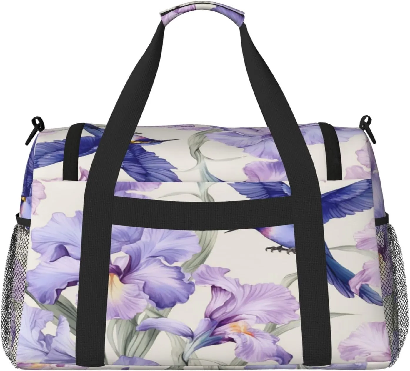 Travel Duffel Bag For Men Women, Purple Irises Flower Hummingbird Carry On Sport Gym Bag With Shoulder Strap Lightweight Waterproof Weekender Bag Overnight Bag
