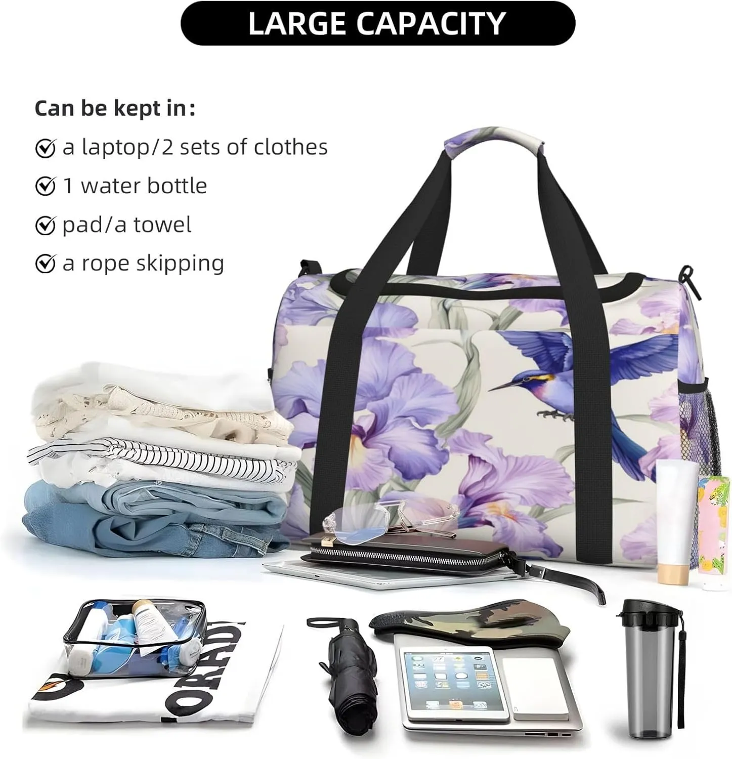 Travel Duffel Bag For Men Women, Purple Irises Flower Hummingbird Carry On Sport Gym Bag With Shoulder Strap Lightweight Waterproof Weekender Bag Overnight Bag