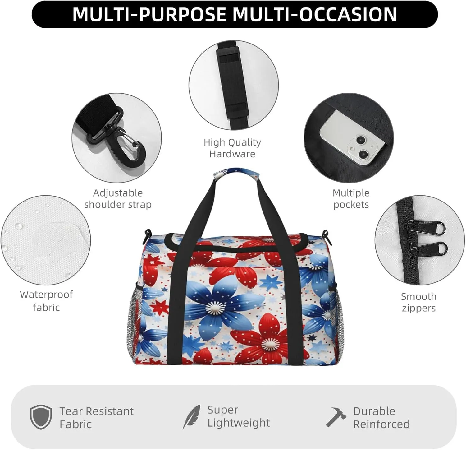 Travel Duffel Bag For Men Women, Usa Flag Flower Floral Carry On Sport Gym Bag With Shoulder Strap Lightweight Waterproof Weekender Bag Overnight Bag