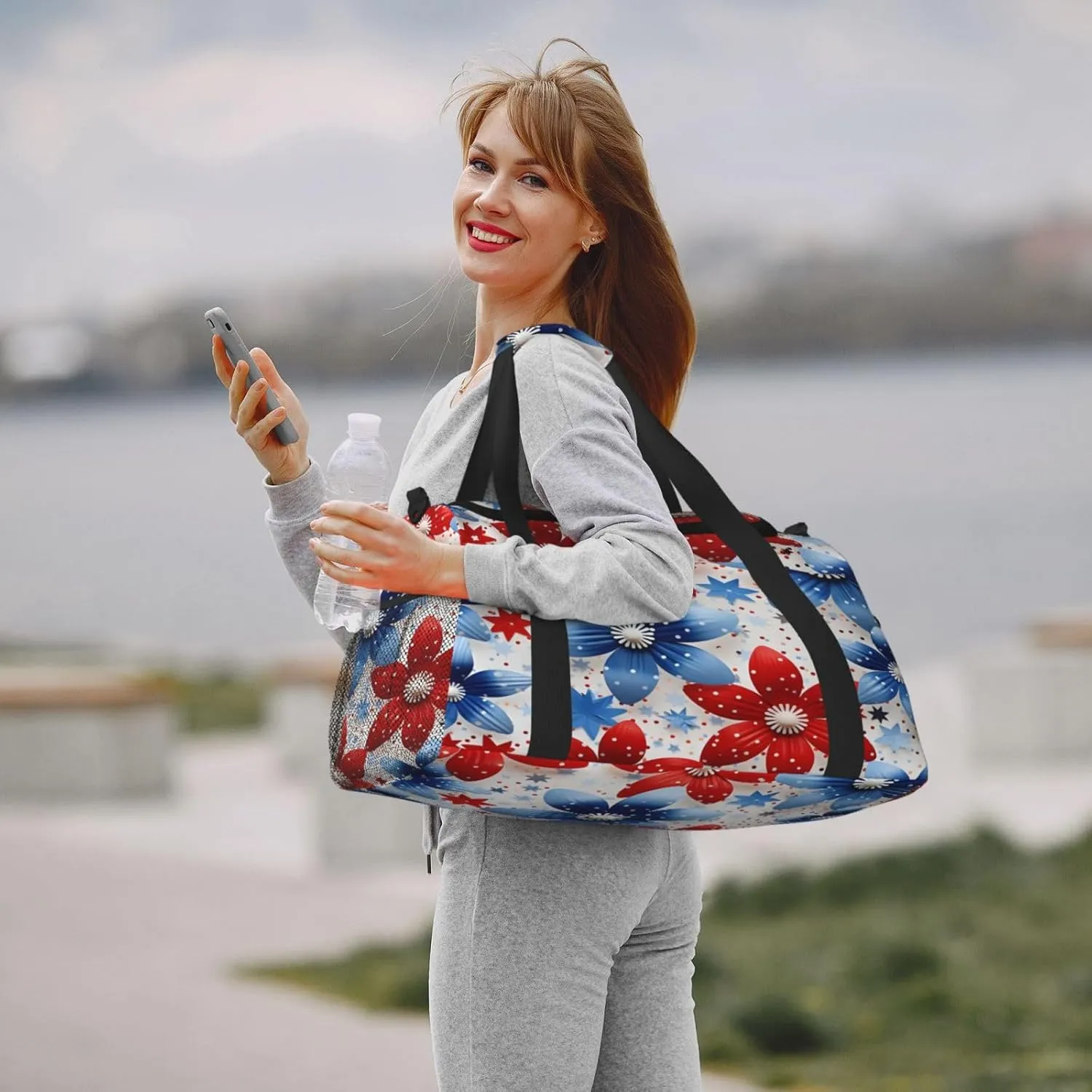 Travel Duffel Bag For Men Women, Usa Flag Flower Floral Carry On Sport Gym Bag With Shoulder Strap Lightweight Waterproof Weekender Bag Overnight Bag