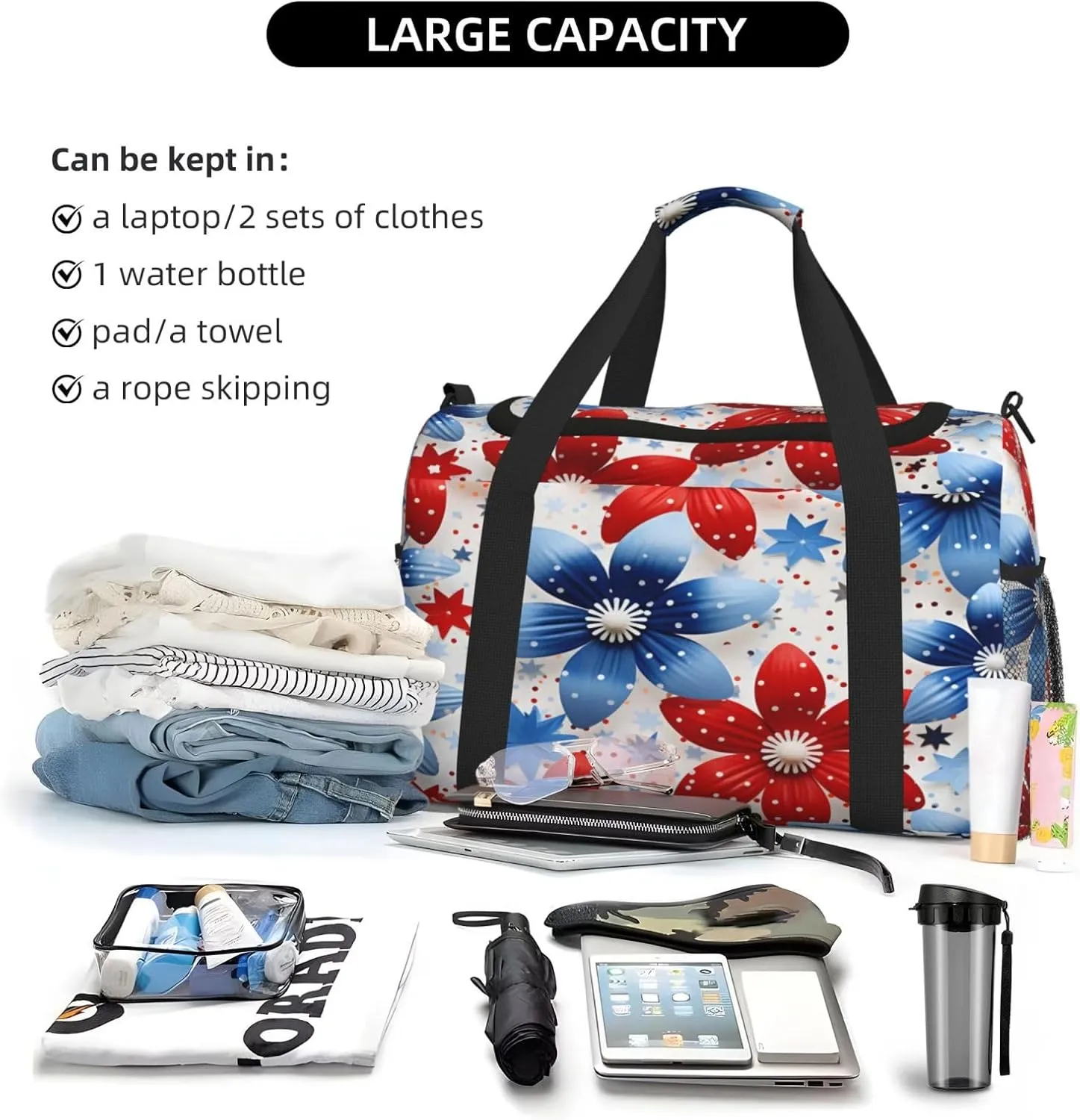 Travel Duffel Bag For Men Women, Usa Flag Flower Floral Carry On Sport Gym Bag With Shoulder Strap Lightweight Waterproof Weekender Bag Overnight Bag