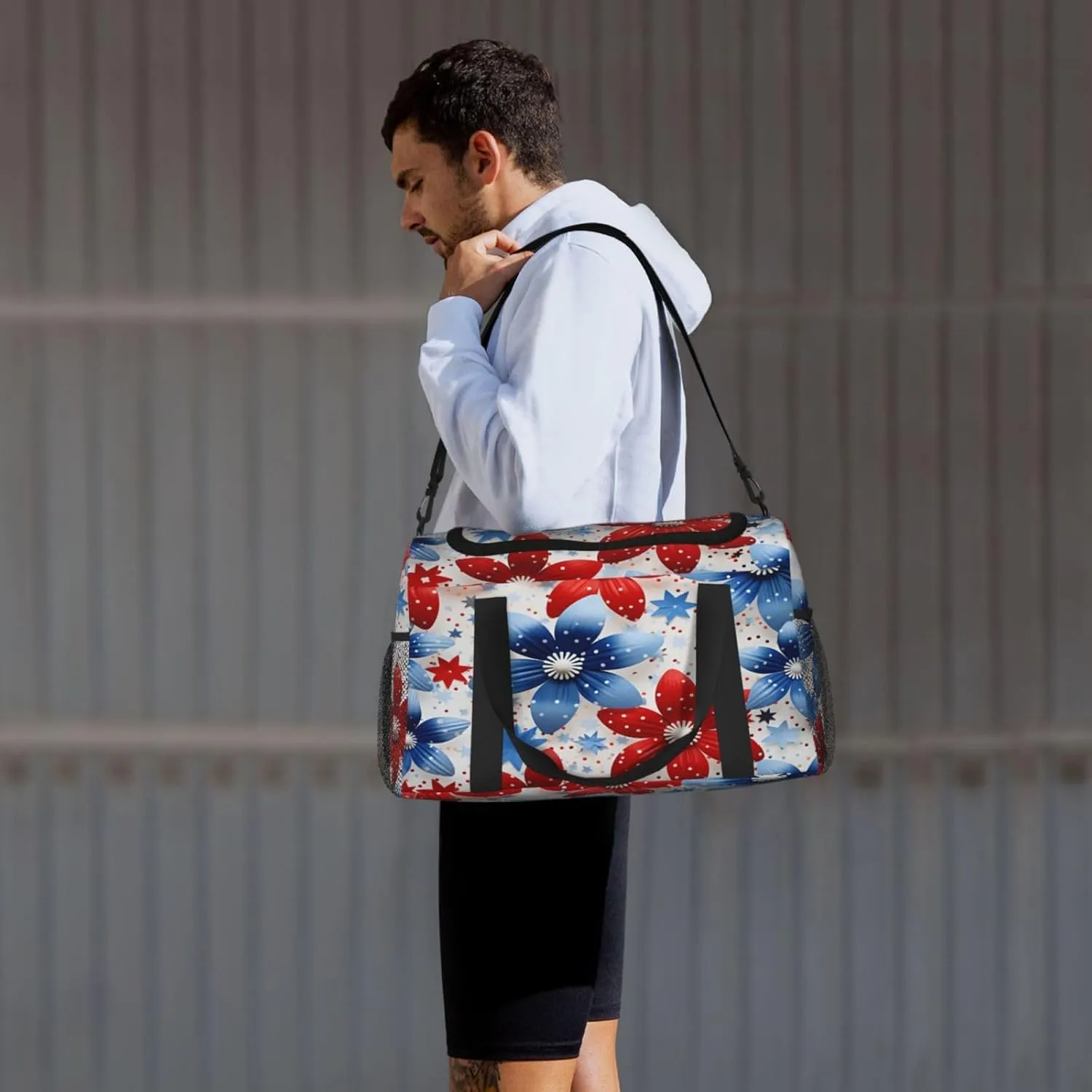 Travel Duffel Bag For Men Women, Usa Flag Flower Floral Carry On Sport Gym Bag With Shoulder Strap Lightweight Waterproof Weekender Bag Overnight Bag