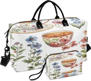 Travel Duffel Bag for Women Men, Teacup Flower Large Waterproof Weekender Overnight Bag, Detachable Shoulder Strap Travel Sport Gym Bag with Toiletry Bag