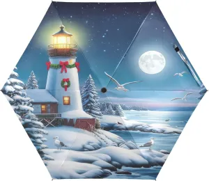 Travel Umbrella Windproof Compact Umbrella for Purse, Umbrellas for Backpacks/Handbags, Sun, Coastal Winter Scene Glowing Lighthouse