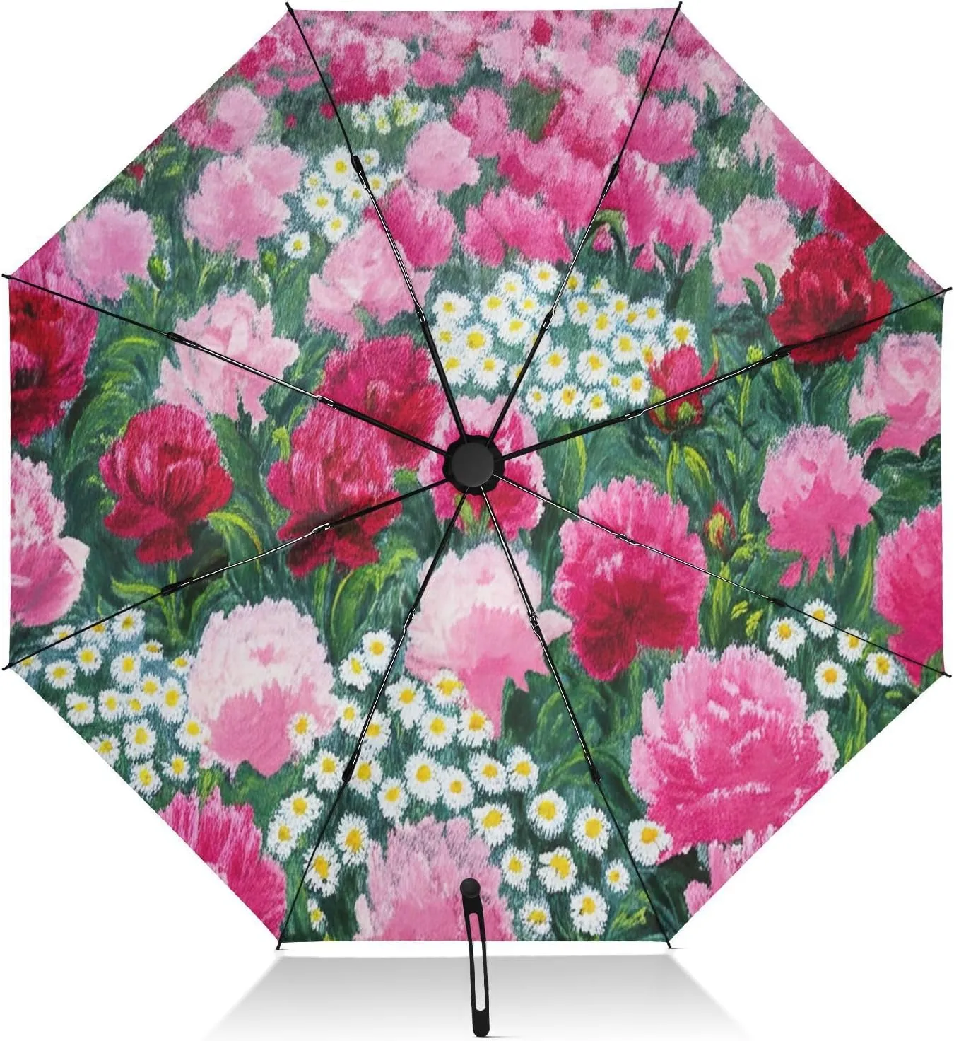 Travel Umbrella Windproof Compact Umbrella for Travel, Umbrellas for Backpacks/Handbags, Rain, Wind and Sun, Red Pink Peonies White Daisies