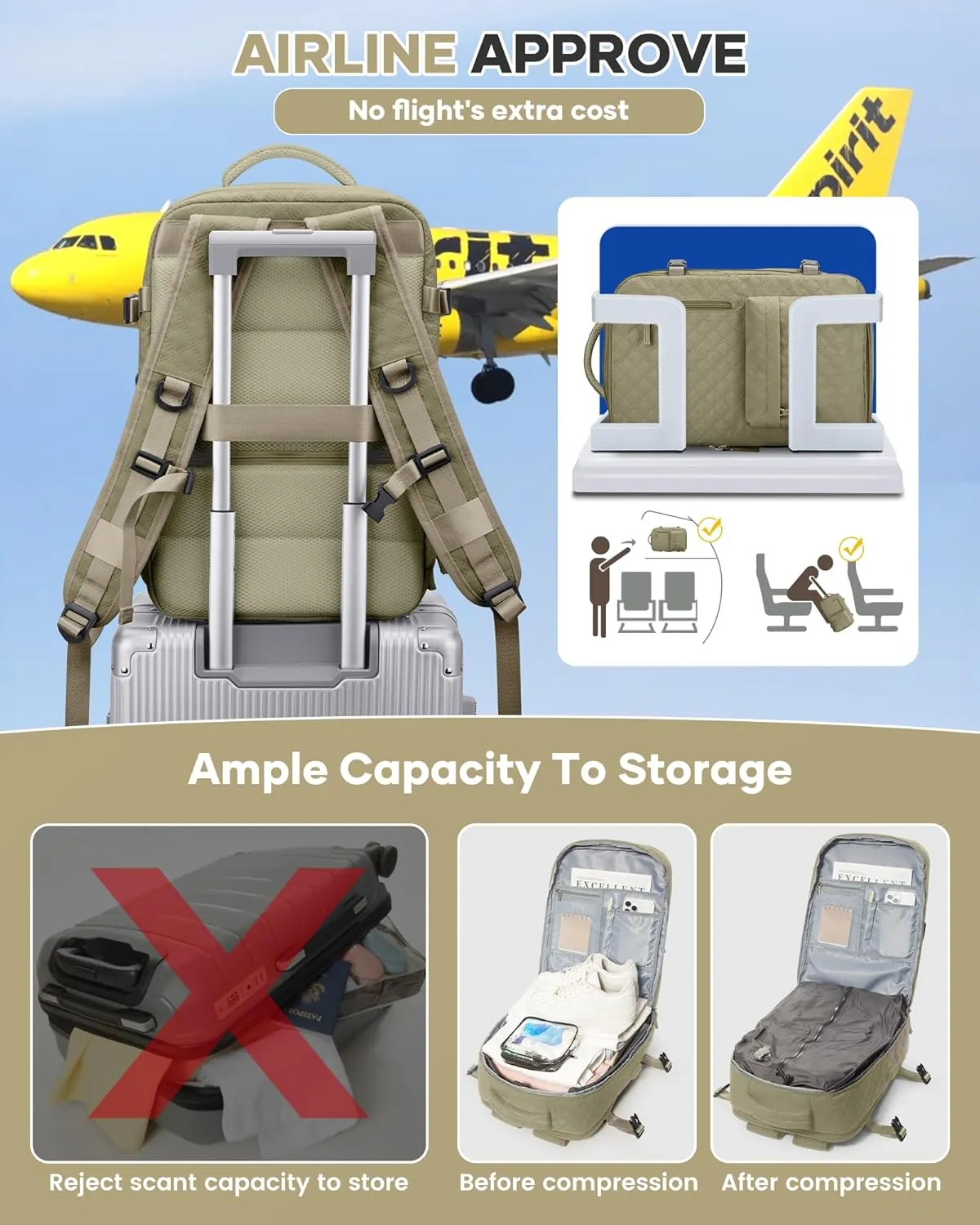 Travel Vacuum Storage Backpack with Air Pump Vacuum Seal Compression Space Saver Bags Clothing Vacpack Airback 18x14x8 inches Travel Bag Carry on Personal item Laptop Work Backpacks Women Men Khaki