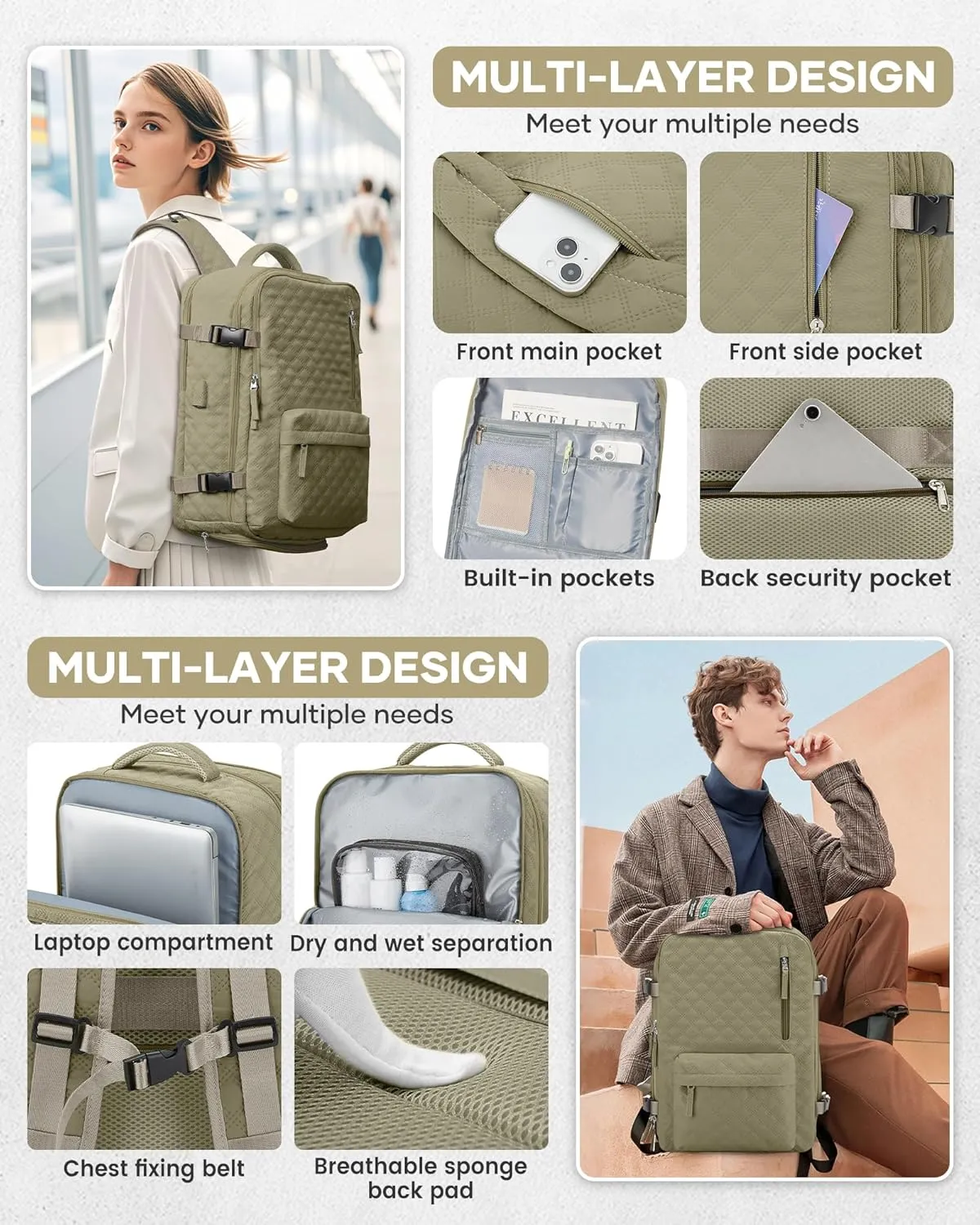 Travel Vacuum Storage Backpack with Air Pump Vacuum Seal Compression Space Saver Bags Clothing Vacpack Airback 18x14x8 inches Travel Bag Carry on Personal item Laptop Work Backpacks Women Men Khaki