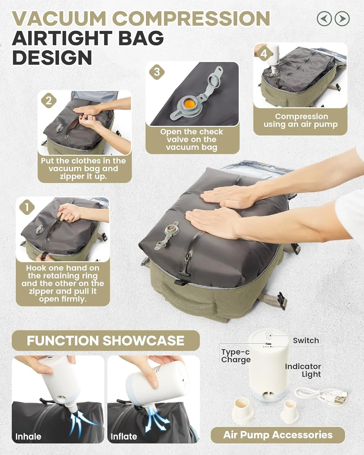Travel Vacuum Storage Backpack with Air Pump Vacuum Seal Compression Space Saver Bags Clothing Vacpack Airback 18x14x8 inches Travel Bag Carry on Personal item Laptop Work Backpacks Women Men Khaki