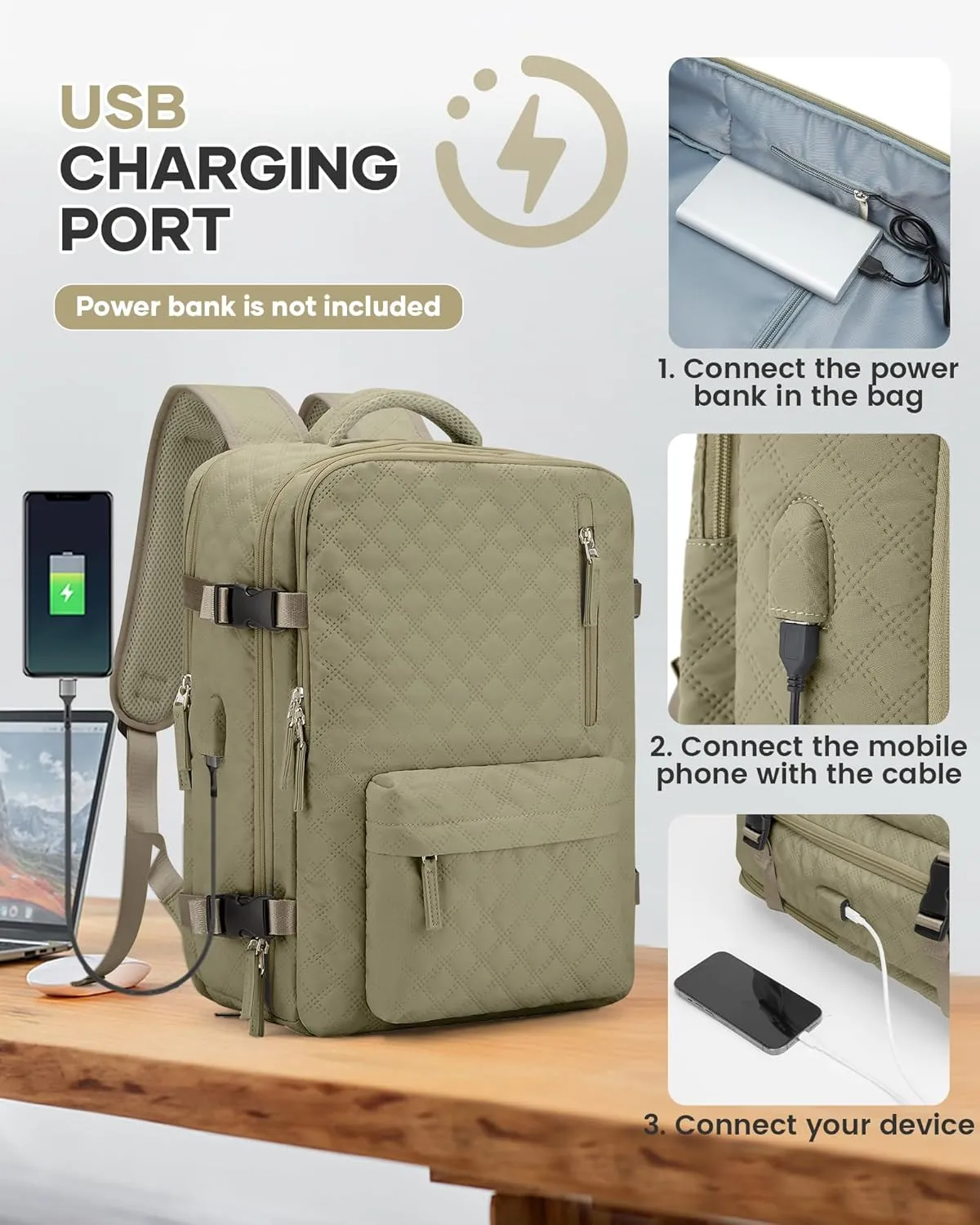 Travel Vacuum Storage Backpack with Air Pump Vacuum Seal Compression Space Saver Bags Clothing Vacpack Airback 18x14x8 inches Travel Bag Carry on Personal item Laptop Work Backpacks Women Men Khaki