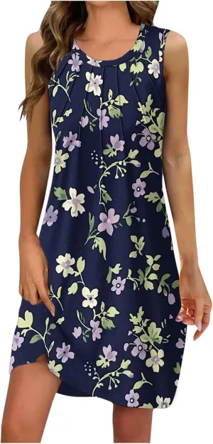 Trendy 2025 Spring Summer Dresses for Women Fashion Floral Printed Sleeveless Round Neck Pleat A-Line Beach Dress
