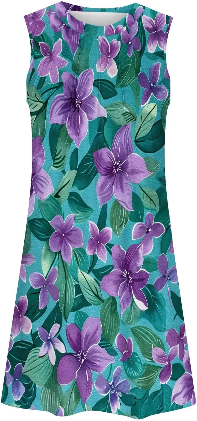 Trendy 2025 Spring Summer Dresses for Women Fashion Floral Printed Sleeveless Round Neck Pleat A-Line Beach Dress