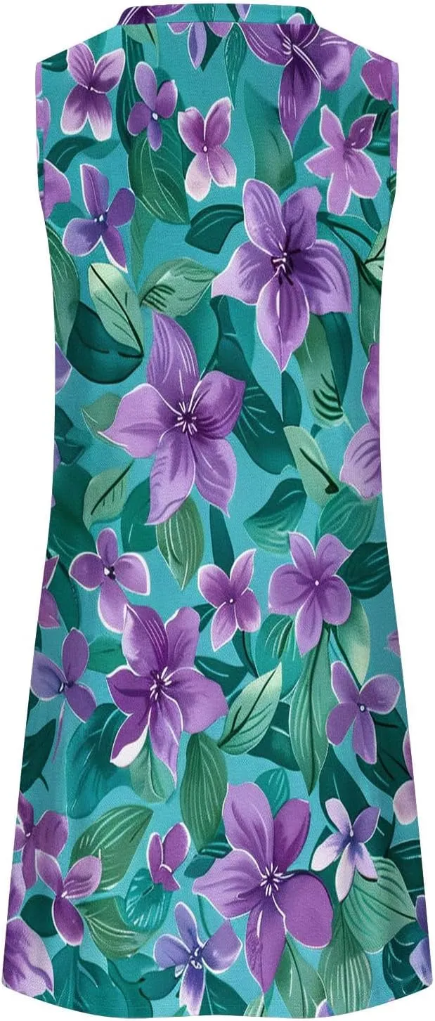 Trendy 2025 Spring Summer Dresses for Women Fashion Floral Printed Sleeveless Round Neck Pleat A-Line Beach Dress