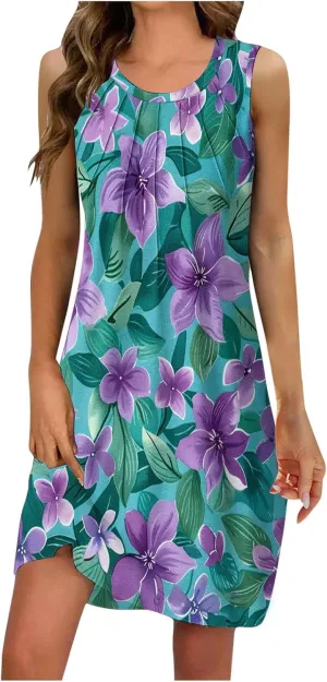 Trendy 2025 Spring Summer Dresses for Women Fashion Floral Printed Sleeveless Round Neck Pleat A-Line Beach Dress