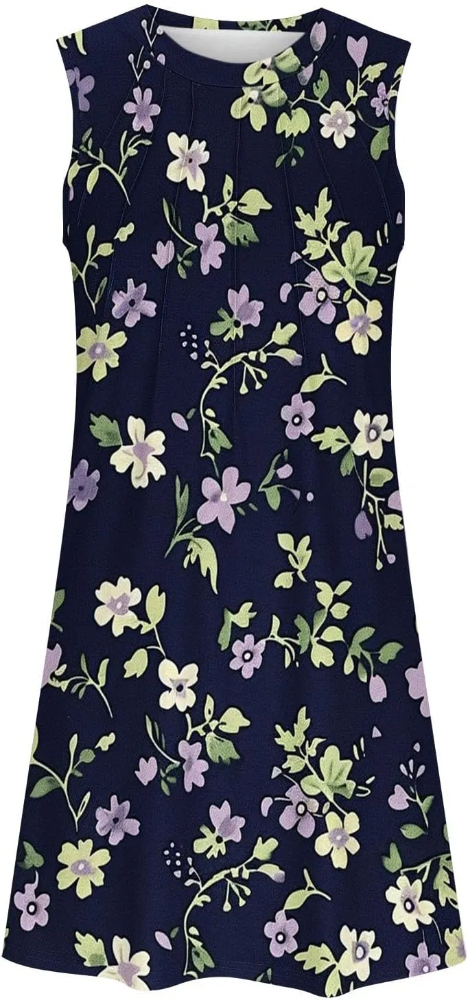 Trendy 2025 Spring Summer Dresses for Women Fashion Floral Printed Sleeveless Round Neck Pleat A-Line Beach Dress