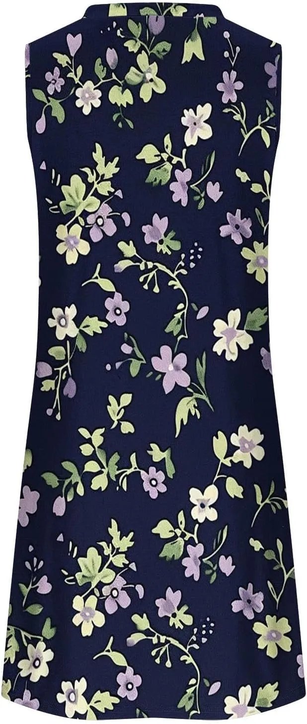 Trendy 2025 Spring Summer Dresses for Women Fashion Floral Printed Sleeveless Round Neck Pleat A-Line Beach Dress