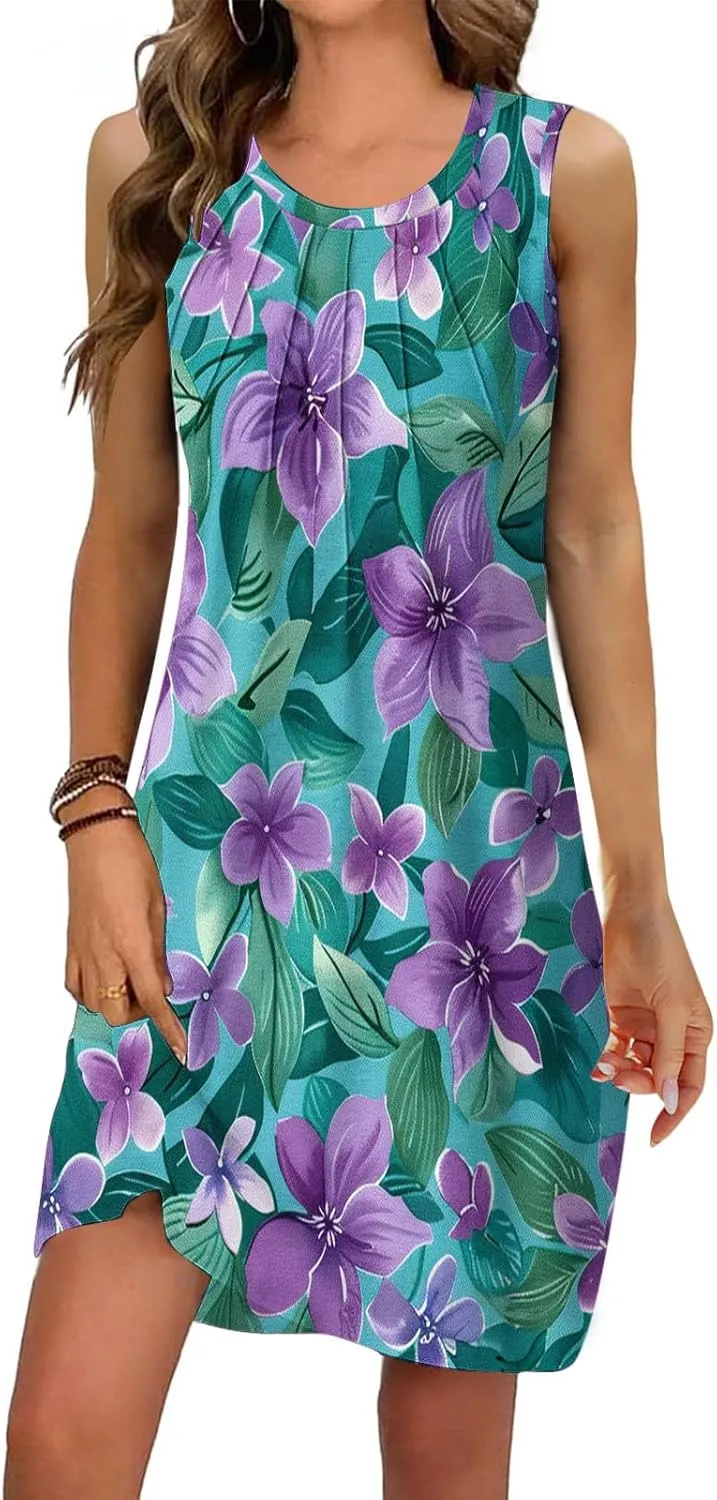 Trendy 2025 Spring Summer Dresses for Women Fashion Floral Printed Sleeveless Round Neck Pleat A-Line Beach Dress