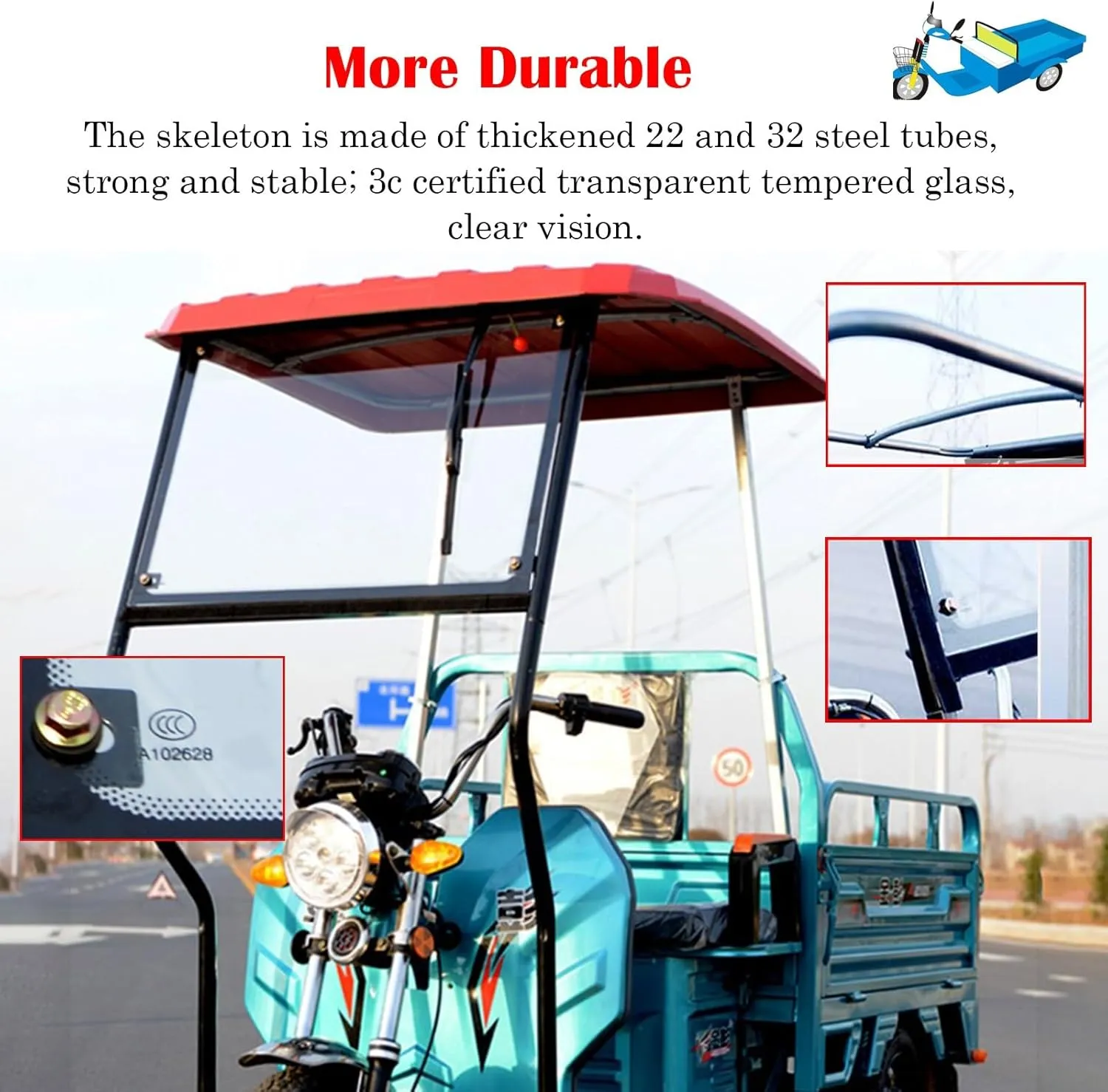 Tricycle Frame Canopy for Rain Sun Snow Proof, Adult Tricycle Cover with Reflective Strips & Wipers, Easy to Install Sanbengzi Cover for Outside Riding(Dark Blue,39.4inch/100cm Wide)
