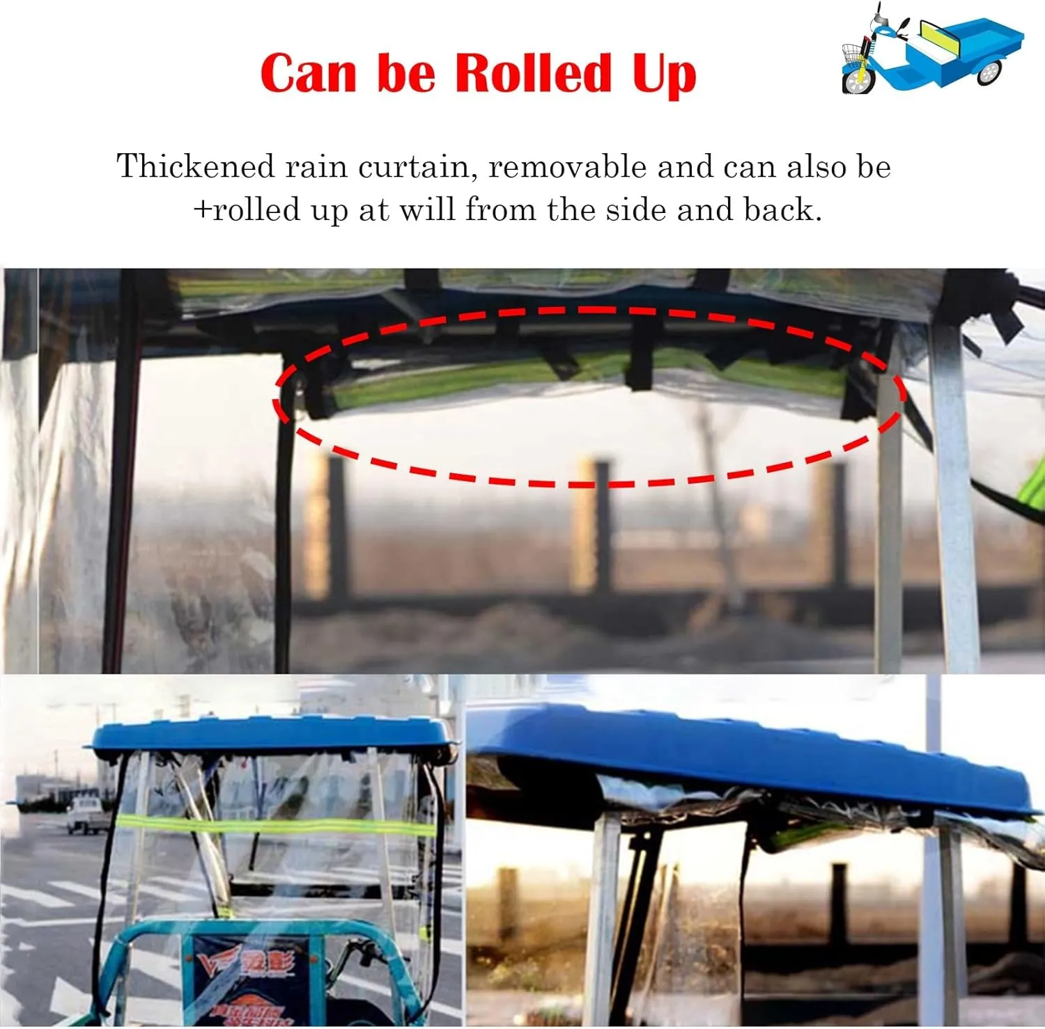 Tricycle Frame Canopy for Rain Sun Snow Proof, Adult Tricycle Cover with Reflective Strips & Wipers, Easy to Install Sanbengzi Cover for Outside Riding(Dark Blue,39.4inch/100cm Wide)