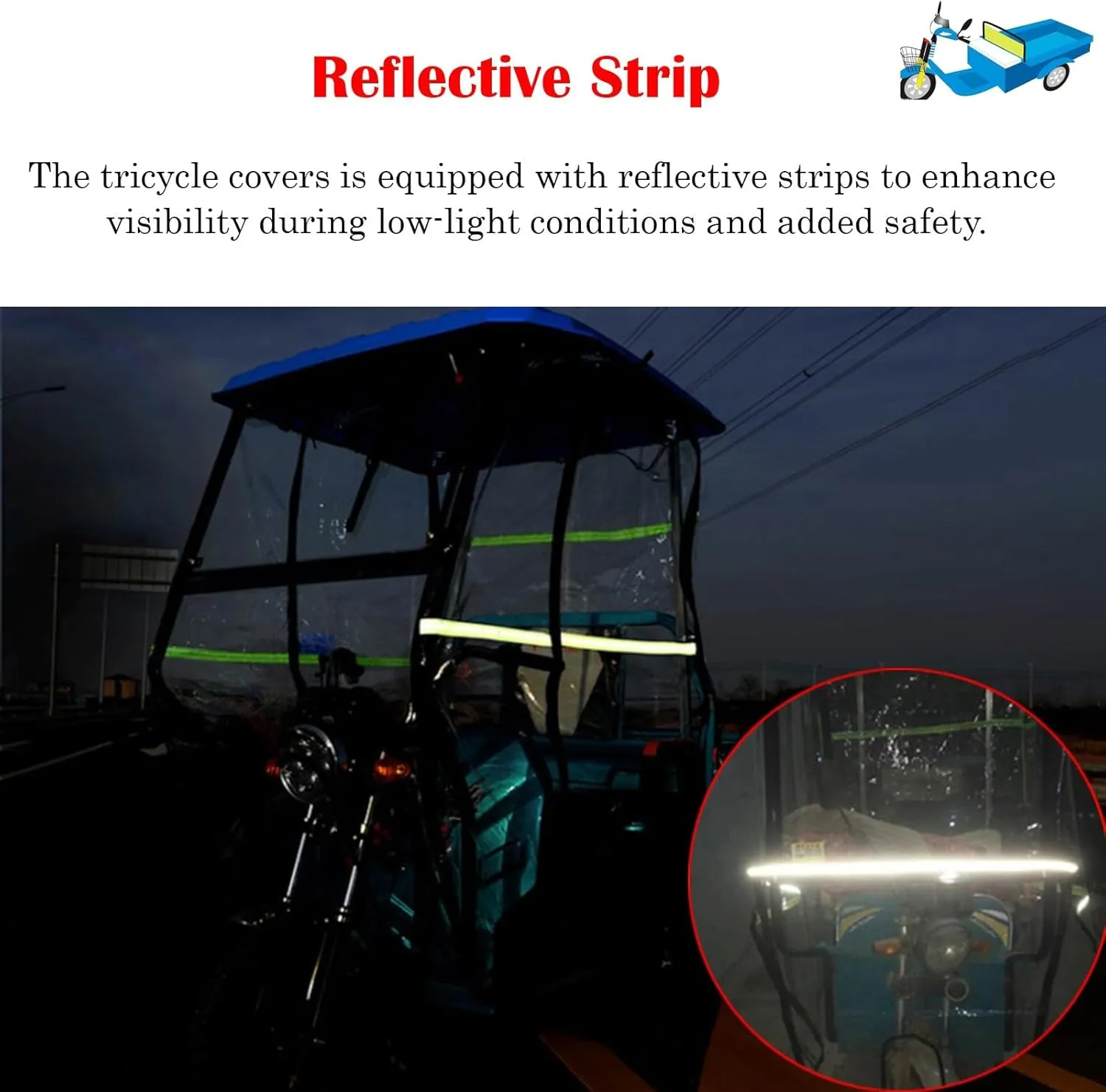 Tricycle Frame Canopy for Rain Sun Snow Proof, Adult Tricycle Cover with Reflective Strips & Wipers, Easy to Install Sanbengzi Cover for Outside Riding(Dark Blue,39.4inch/100cm Wide)