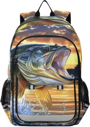 Trout Sunset Jump Backpack Travel Laptop Daypack Shoulder Bag Book Bag Daypack with Reflective Strip 12.9 ×17.7 In