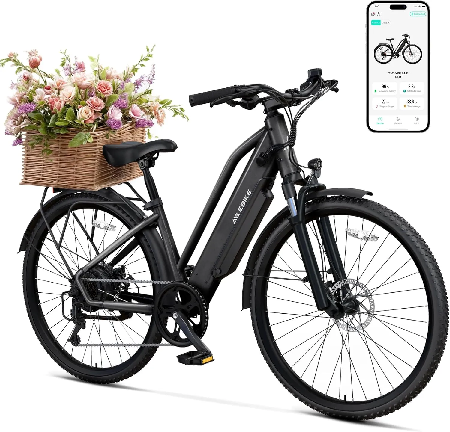 TST Electric Bike for Adults, 1000W Peak EBike with 36V 10.4Ah Removable Battery, up to 50 Miles Range 30 MPH Electric Bicycle, Rear Rack, Fenders, 7 Speed, 26" Step-Thru E Bike for Commute