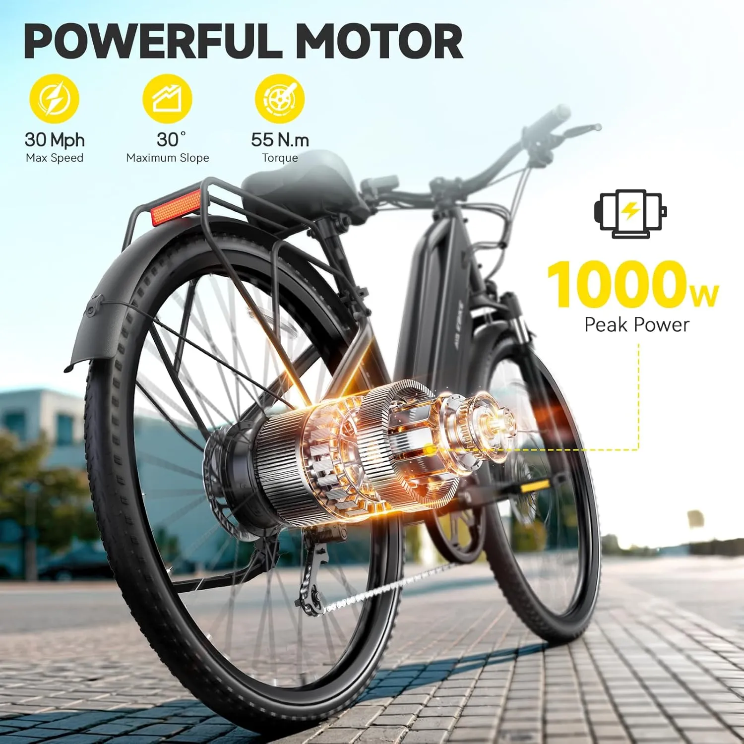 TST Electric Bike for Adults, 1000W Peak EBike with 36V 10.4Ah Removable Battery, up to 50 Miles Range 30 MPH Electric Bicycle, Rear Rack, Fenders, 7 Speed, 26" Step-Thru E Bike for Commute