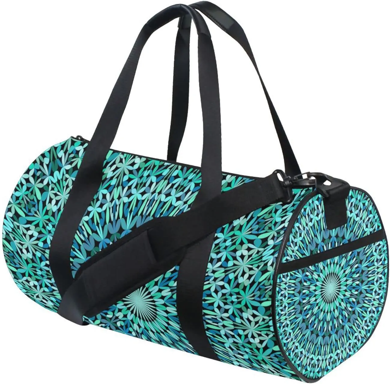 Turquoise Kaleidoscope Mandala Floral Flower Tribal Ethnic Motifs Duffel Bag, Foldable Canvas Travel Tote for Gym Sports with Inner Pockets, Durable Lightweight Fitness Bag for Overnight Workout