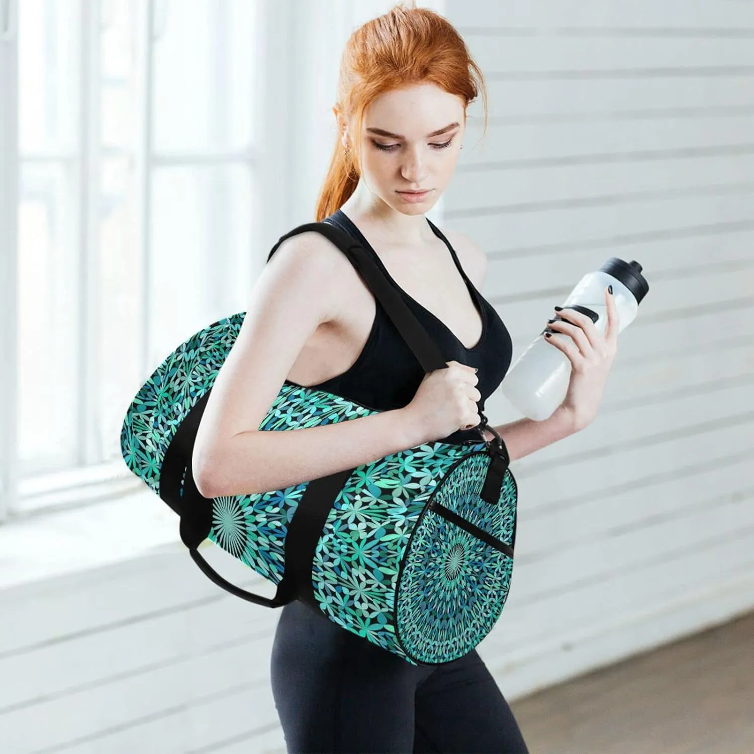 Turquoise Kaleidoscope Mandala Floral Flower Tribal Ethnic Motifs Duffel Bag, Foldable Canvas Travel Tote for Gym Sports with Inner Pockets, Durable Lightweight Fitness Bag for Overnight Workout