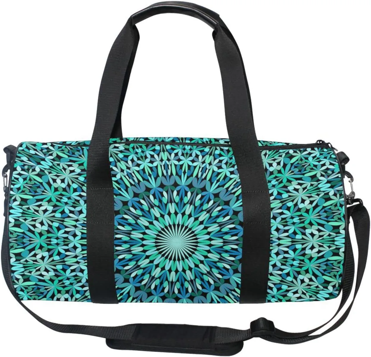 Turquoise Kaleidoscope Mandala Floral Flower Tribal Ethnic Motifs Duffel Bag, Foldable Canvas Travel Tote for Gym Sports with Inner Pockets, Durable Lightweight Fitness Bag for Overnight Workout
