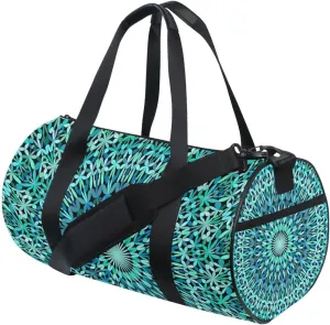 Turquoise Kaleidoscope Mandala Floral Flower Tribal Ethnic Motifs Duffel Bag, Foldable Canvas Travel Tote for Gym Sports with Inner Pockets, Durable Lightweight Fitness Bag for Overnight Workout