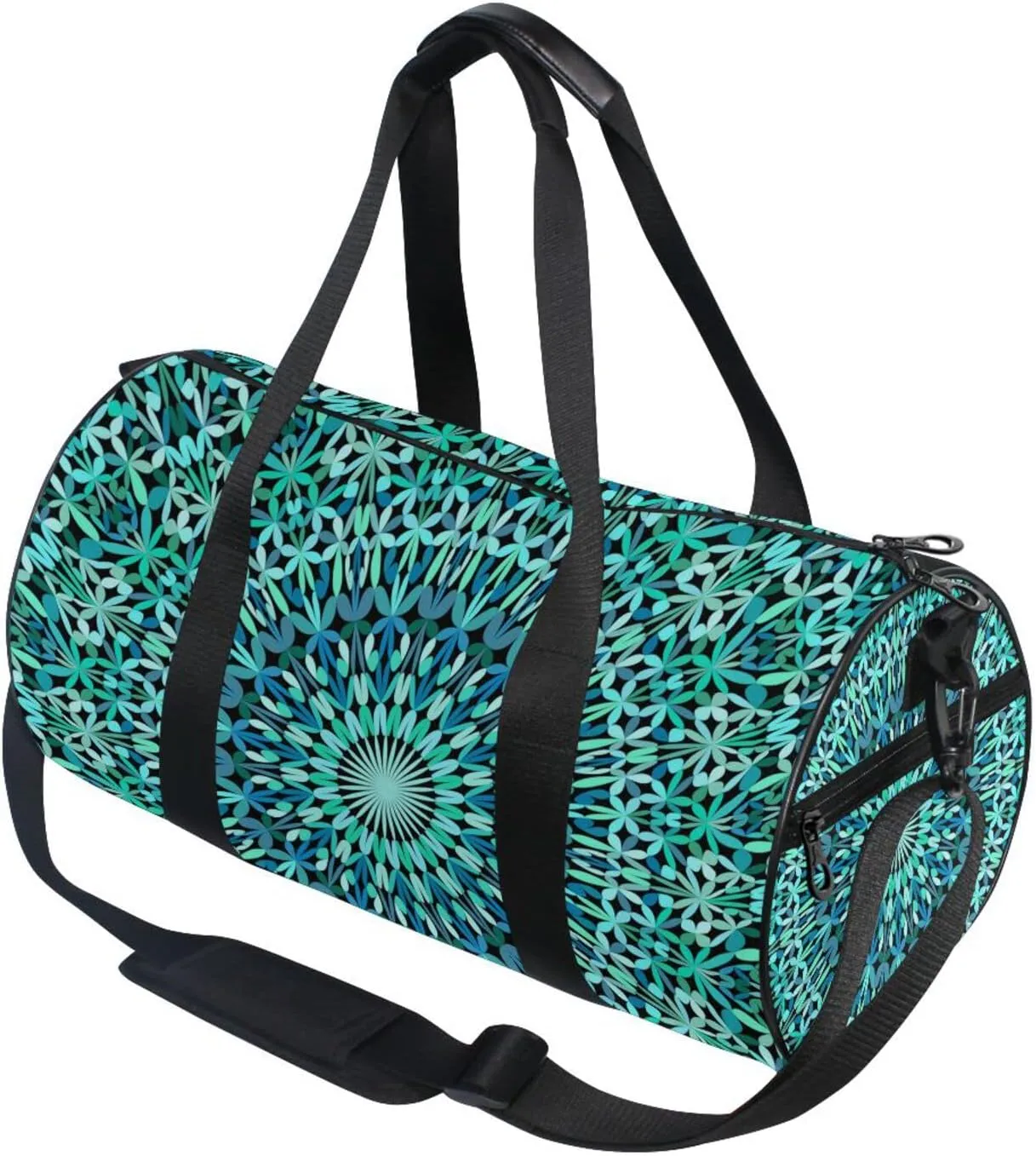 Turquoise Kaleidoscope Mandala Floral Flower Tribal Ethnic Motifs Duffel Bag, Foldable Canvas Travel Tote for Gym Sports with Inner Pockets, Durable Lightweight Fitness Bag for Overnight Workout