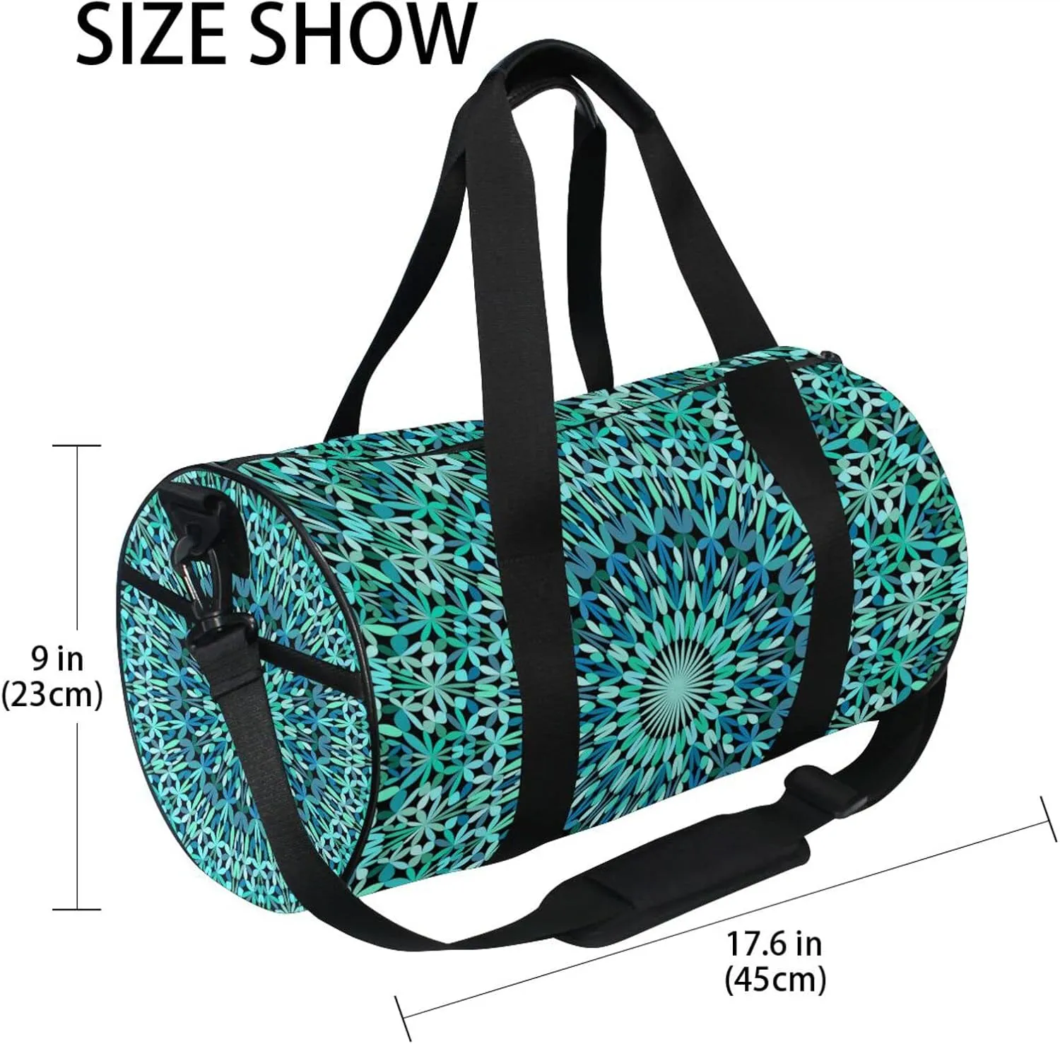 Turquoise Kaleidoscope Mandala Floral Flower Tribal Ethnic Motifs Duffel Bag, Foldable Canvas Travel Tote for Gym Sports with Inner Pockets, Durable Lightweight Fitness Bag for Overnight Workout