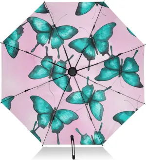 Umbrella, Auto Open Close Collapsible Umbrellas for Rain Windproof, Compact Size for Backpacks/Handbags - for Travel, Turquoise Butterflies Pink