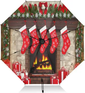 Umbrella, Auto Open Close Umbrelllas for Rain Compact Windproof, Compact Size for Backpacks/Handbags - for Travel, Christmas Fireplace